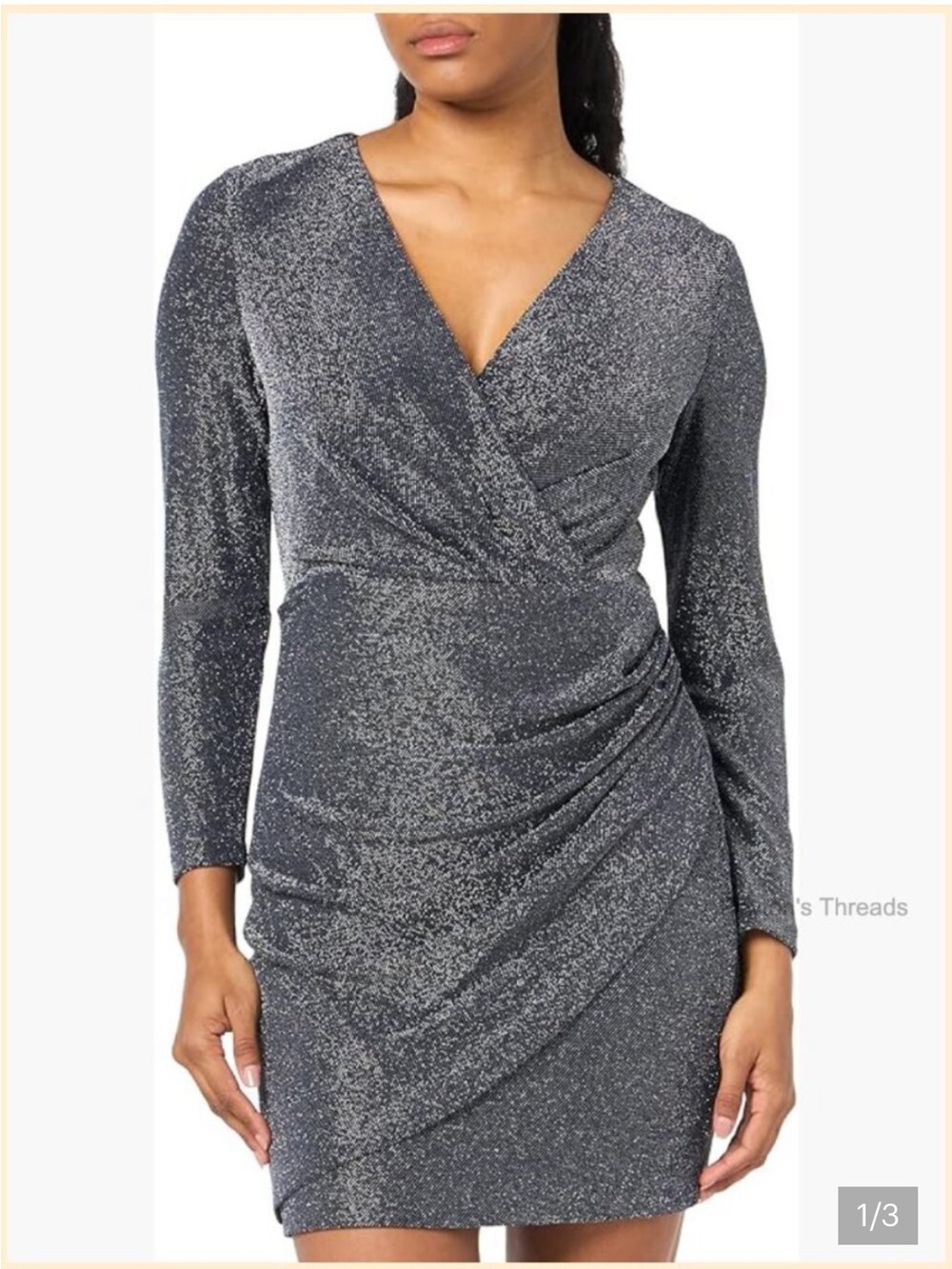 Maggy London Metallic Charcoal Long Sleeve Surplice Dress